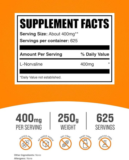 BulkSupplements.com L-Norvaline Powder - L-Norvaline Supplement, Nitric Oxide Supplement - Amino Acid Supplement, Gluten Free, 400mg per Serving, 250g (8.8 oz) (Pack of 1)