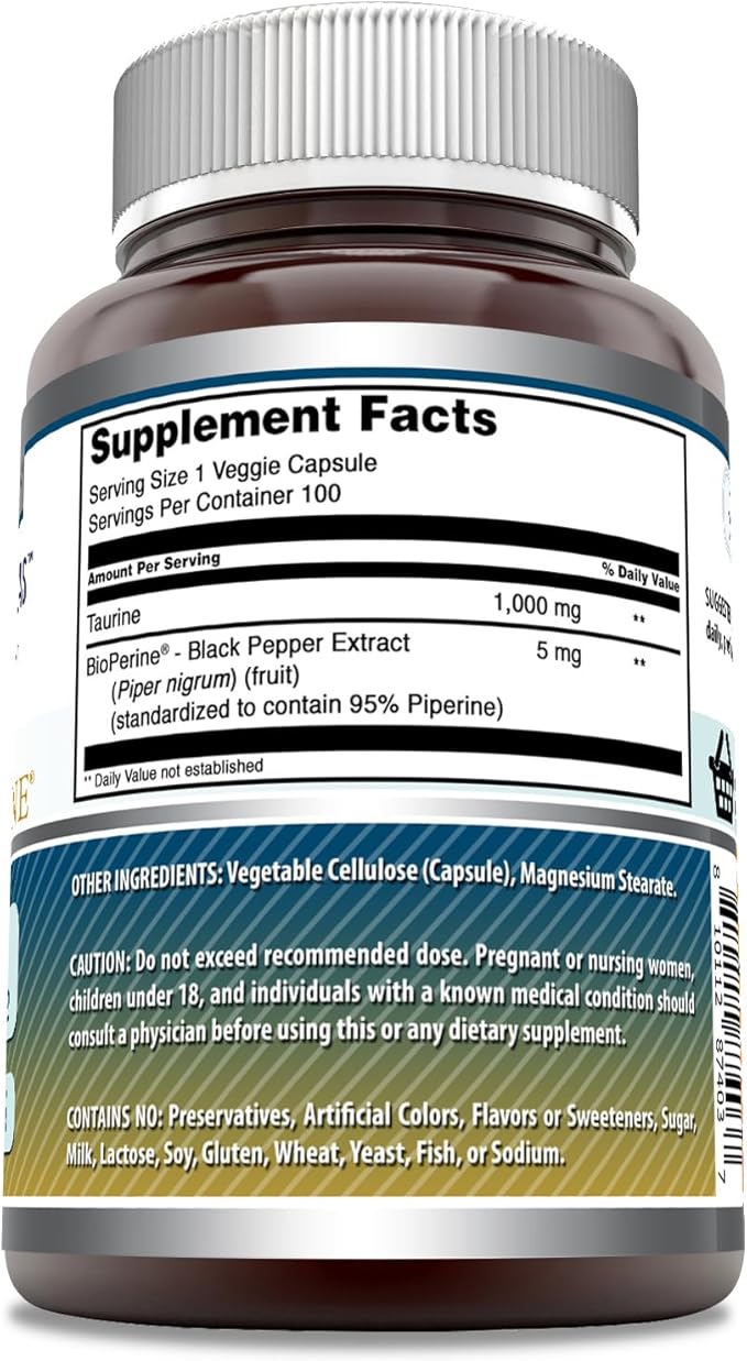 Amazing Formulas Taurine with Bioperine Supplement | 1000 Mg Per Serving | 100 Veggie Capsules | Non-GMO | Gluten Free | Made in USA