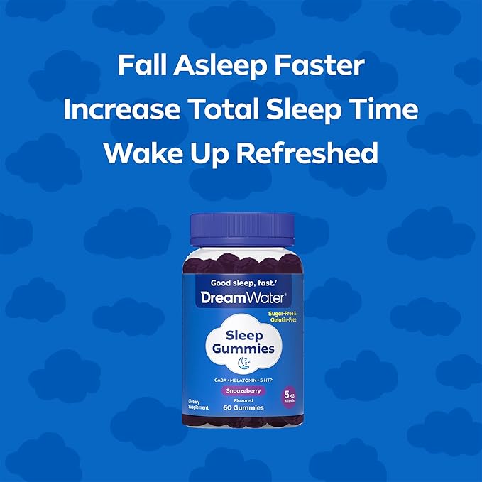 Dream Water Sleep Gummies; Melatonin 5mg, GABA, 5-HTP; Natural Flavors and Colors; Helps You to Fall Asleep, Fast and Wake Refreshed, Snoozeberry, 60 Gummies