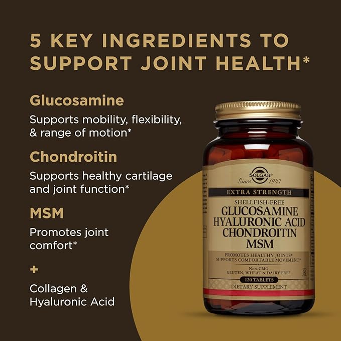 Solgar Glucosamine Hyaluronic Acid Chondroitin MSM (Shellfish-Free), 60 Tablets - Joint Support & Comfort - Supports Active Lifestyles - Non-GMO, Gluten Free, Dairy Free - 20 Servings