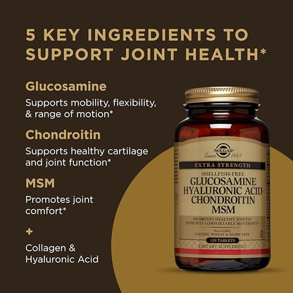 Solgar Glucosamine Hyaluronic Acid Chondroitin MSM (Shellfish-Free), 60 Tablets - Joint Support & Comfort - Supports Active Lifestyles - Non-GMO, Gluten Free, Dairy Free - 20 Servings