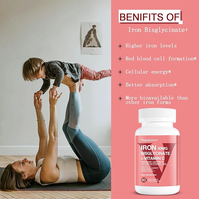 Iron Bisglycinate Supplement for Women & Men - 30mg Iron Pills with Vitamin C, B12, Folic Acid - Chelated Iron for Anemia, Health Blood - High Absorption, Gluten-Free, Non-GMO - 60 Vegan Caps