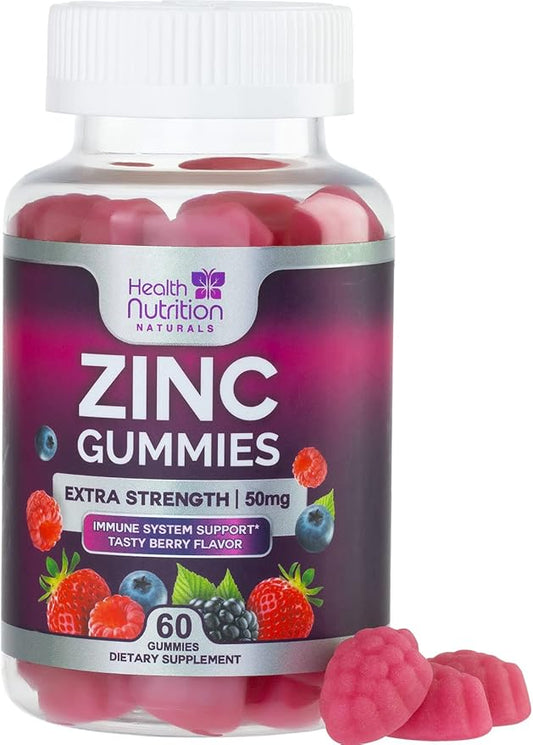 Zinc Supplement 50mg Gummies for Adults - Max Strength Skin Health & Immune Support Gummy, Vegan, Non-GMO & Gluten Free, Nature’s Antioxidant & Bone Health Chewable Zinc Vitamins - 60 Gummies