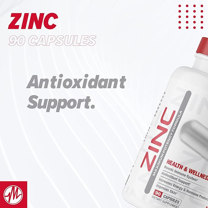 Zinc Supplement by Metabolic Nutrition, 75mg, 90 Zinc Capsules, Supports Immune System Function w/Zinc Oxide