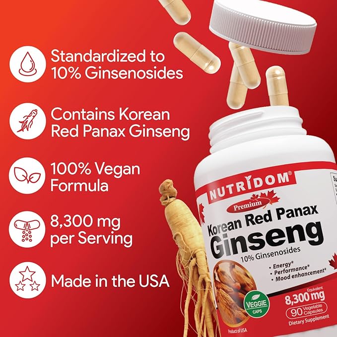 Panax Ginseng Korean-Red 8,300mg per Day, 10% Ginsenosides, Non-GMO, Vegan, Gluten-Free, Soy-Free, and Dairy-Free, 90 Veggie Capsules