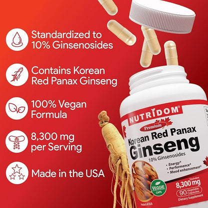 Panax Ginseng Korean-Red 8,300mg per Day, 10% Ginsenosides, Non-GMO, Vegan, Gluten-Free, Soy-Free, and Dairy-Free, 90 Veggie Capsules