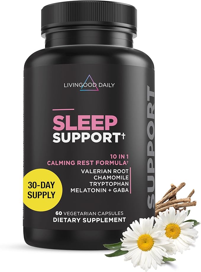 Livingood Daily Sleep Support, 5mg Melatonin (60 Vegetarian Capsules) - Natural Sleep Aid for Adults - Sleeping Pills Supplement with Valerian Root, Chamomile, Tryptophan, & GABA Promote Deep Sleep