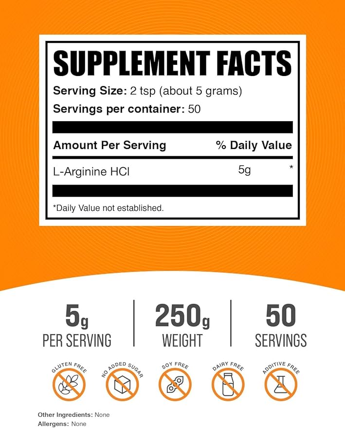 BulkSupplements.com L-Arginine HCl Powder - Nitric Oxide Supplement, Arginine Powder - Unflavored & Gluten Free, 5g per Serving, 250g (8.8 oz) (Pack of 1)