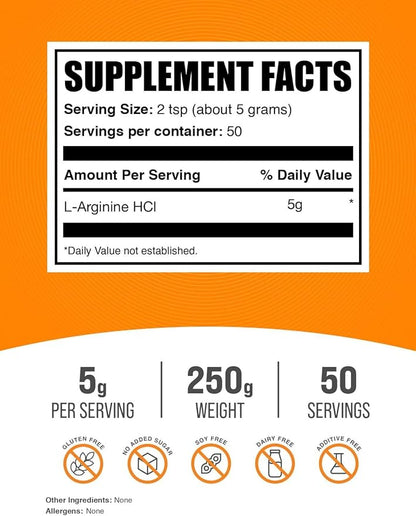 BulkSupplements.com L-Arginine HCl Powder - Nitric Oxide Supplement, Arginine Powder - Unflavored & Gluten Free, 5g per Serving, 250g (8.8 oz) (Pack of 1)