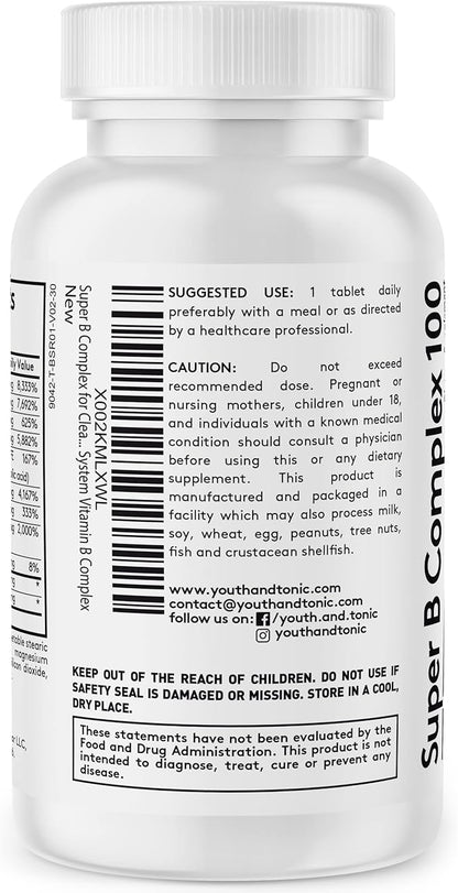 Youth & Tonic Super B Complex B-100 with Choline, Inositol & PABA – High Potency B1, B2, B3, B5, B6, Biotin & B12 – Energy, Mental Clarity, Stress & Nervous System Support – 1-Month Supply