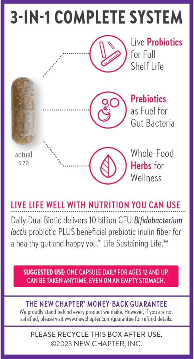 New Chapter Daily Dual Biotic Probiotic + Prebiotic for Digestion & Microbiome Health, 100% Vegan, Soy Free, Non-GMO, 60 Count (2 Month Supply)