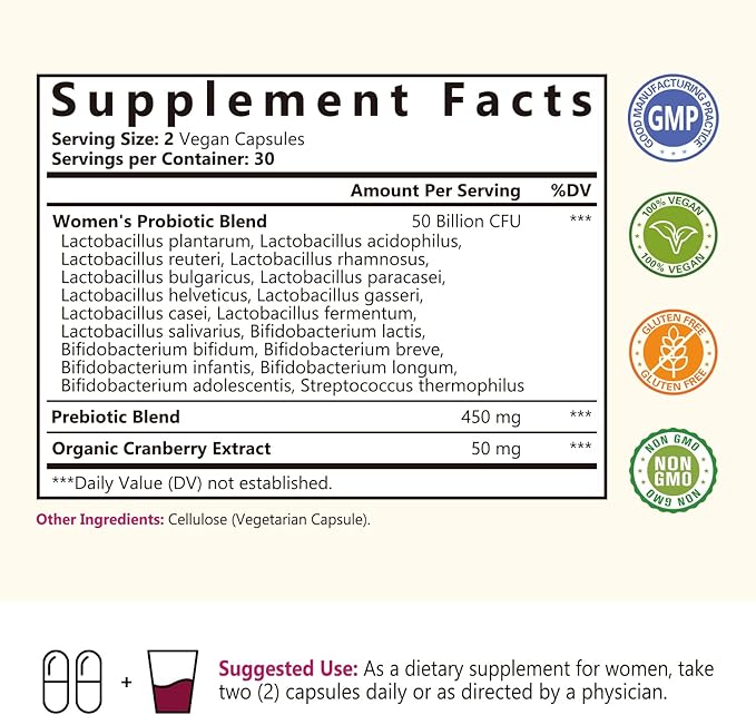 Women’s Probiotics, 50 Billion CFU, 18 Strains for Women, Plus Prebiotic & Cranberry, Support Digestive, Vaginal & Urinary Health, Shelf Stable, 60 Delayed Release Vegan Caps