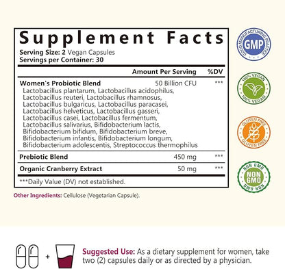 Women’s Probiotics, 50 Billion CFU, 18 Strains for Women, Plus Prebiotic & Cranberry, Support Digestive, Vaginal & Urinary Health, Shelf Stable, 60 Delayed Release Vegan Caps