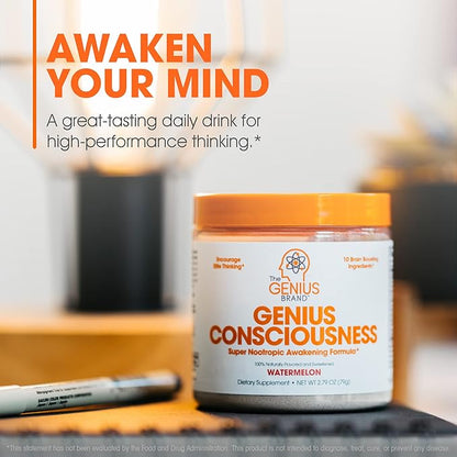 Genius Consciousness - Premium Nootropic Powder for Focus, Memory & Mental Clarity - AlphaSize, NeuroFactor, Lion’s Mane & Dynamine - Natural Brain Booster for Studying, Work & Creativity – Watermelon