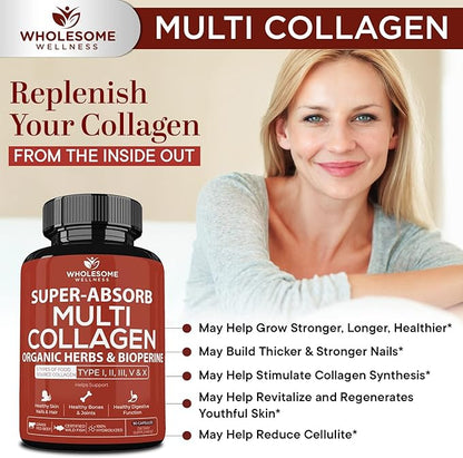 Wholesome Wellness Multi Collagen Protein Powder Hydrolyzed (Type I II III V X) + Super-Absorb Multi Collagen Pills (Type I II III V X) Bundle