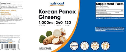 Nutricost Korean Ginseng 1000mg Serving, 240 Capsules - 500mg Per Capsule, 120 Servings - Korean Panax Red Ginseng - Gluten Free & Non-GMO