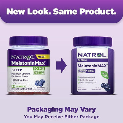 Natrol Melatonin 10mg Sleep Aid Supplement, 80 Count MelatoninMax Gummies, Blueberry Flavor, 10 mg Melatonin Gummies for Occasional Sleeplessness, 80 Day Supply