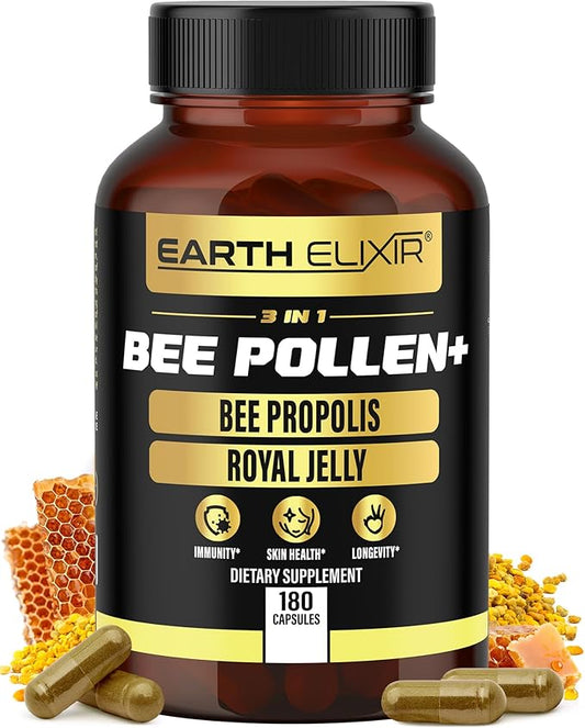 3-in-1 Organic Bee Pollen Capsule – Non-GMO, Pure Raw Bee Pollen, Royal Jelly, Propolis Extract for Women & Men – Natural Energy, Immune & Vitality Support – 180 Propolis Capsules