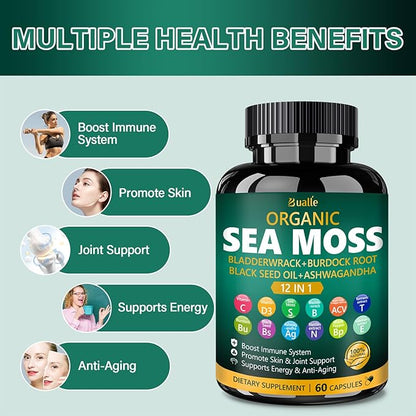 Organic Sea Moss Capsules with Sea Moss,Black Seed Oil,Ashwagandha,Bladderwrack,Ginger,Burdock Root for Immune System,Skin,Energy Support-120 Capsules (2 Pack)