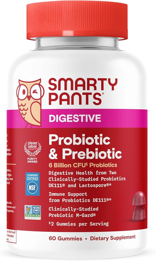 SmartyPants Adult Probiotic & Prebiotic Gummies for Digestive Health: 6 Billion CFU Gut Health Supplement, Clinically Studied Prebiotic for Immune Support, Grape, 60 Count (30 Day Supply)