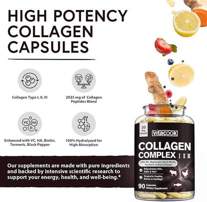 Collagen Peptides Complex, Type I, II, III, 2025 MG, Hydrolyzed Multi Collagen, VC, Biotin, HA, Turmeric & Black Pepper, for Skin, Hair, Nails, 90 Caps