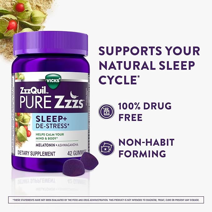 ZzzQuil PURE Zzzs De-Stress Melatonin Sleep Aid Gummies, Helps Calm Your Mind and Body, Ashwagandha for Stress Support, Sleep Aids for Adults, 1 mg per gummy, 42 Count
