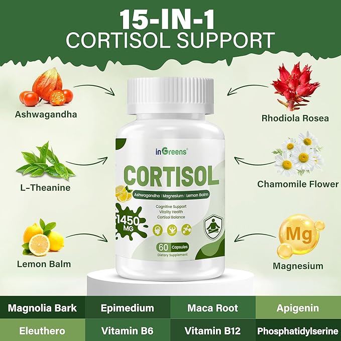 Cortisol Supplement, 15 in 1 Cortisol Manager with Ashwagandha, L-Theanine, Magnesium,Supports Cortisol Health & Relaxation,Stress Management & Restful Sleep, 60 Capsules