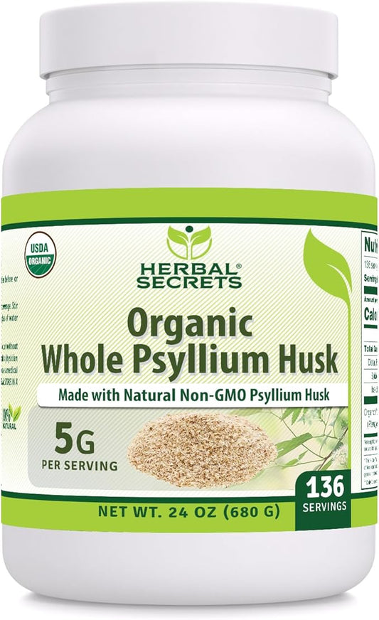 Herbal Secrets Whole Psyllium Husk Powder Supplement | 5 Grams per Serving | Non-GMO | Gluten-Free | Made in USA (24 Oz, Unflavored)