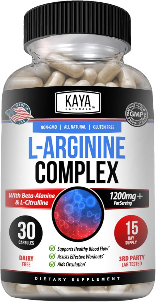 Kaya Naturals - L-Arginine All-Natural Herbal Supplement for Maximum Health Benefits | Pre-Workout | Energy | Improved Nighttime Performance | - 60 Capsules