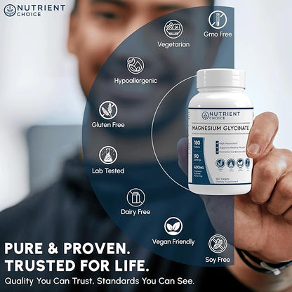 400 mg Magnesium Glycinate 180 Tablets Non Buffered High Absorption Non-GMO Promotes Cardiovascular Health Supplement for Stress Relief, Sleep, Heart Health, Ease Muscles, Calm Headaches Pack of 2