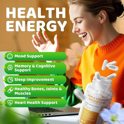 Triple Magnesium Complex - Magnesium Glycinate, Taurate & Malate Supplement with Omega3, Ashwagandha, GABA for Sleep, Brain Heart & Muscle Support - High Absorption and Gentle, Vegan, 120 Capsules