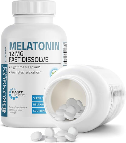 Bronson Melatonin 12mg Fast Dissolve Nighttime Sleep Aid Support & Relaxation Support, 180 Peppermint Vegetarian Lozenges