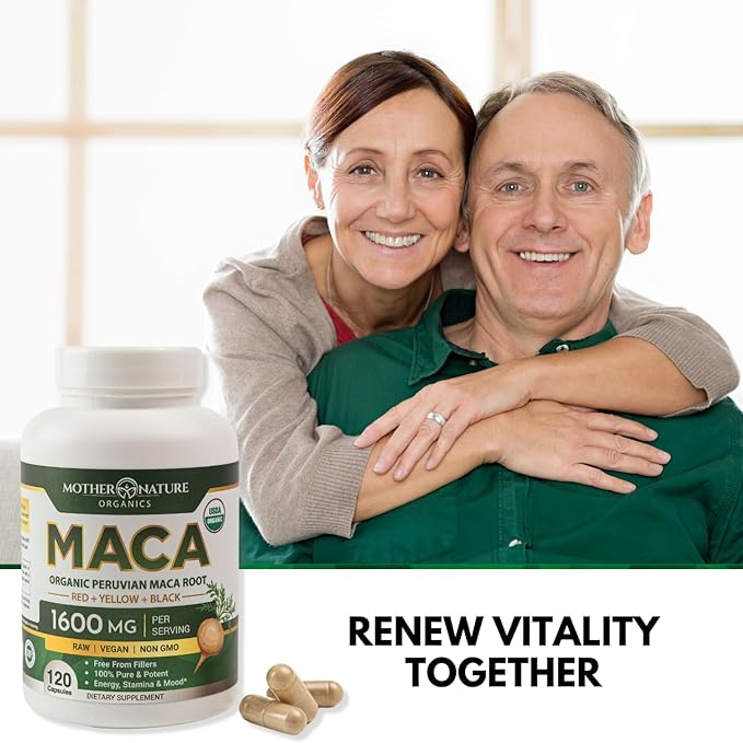 Mother Nature USDA Organic Maca Root Capsules, Black + Red + Yellow Peruvian Maca for Women & Men 1600mg - Supports Mood, Hormonal Balance Reproduction & Energy - Vegan Pills (120ct)