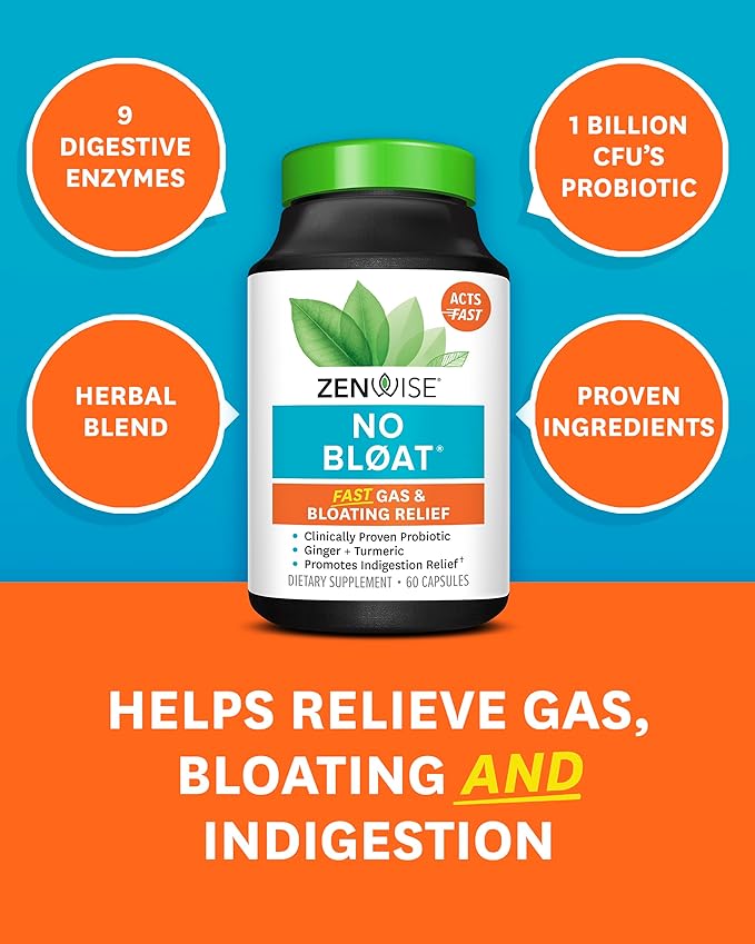 Zenwise Health No Bloat Digestive Enzymes + Probiotics for Women and Men Digestive Health with Ginger, Dandelion, and Lactase for Gas and Bloating Relief - Vegan Water Retention Pills - 60 CT