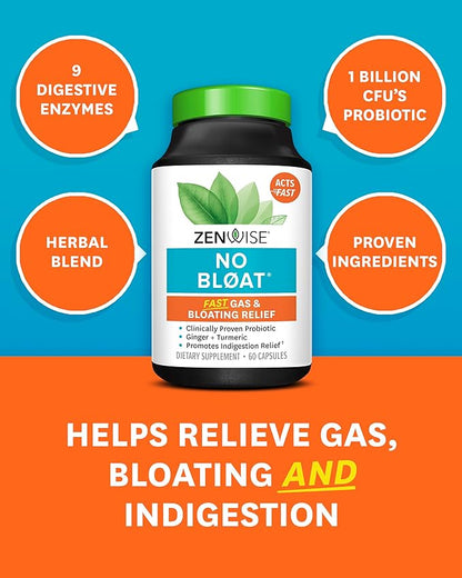 Zenwise Health No Bloat Digestive Enzymes + Probiotics for Women and Men Digestive Health with Ginger, Dandelion, and Lactase for Gas and Bloating Relief - Vegan Water Retention Pills - 60 CT