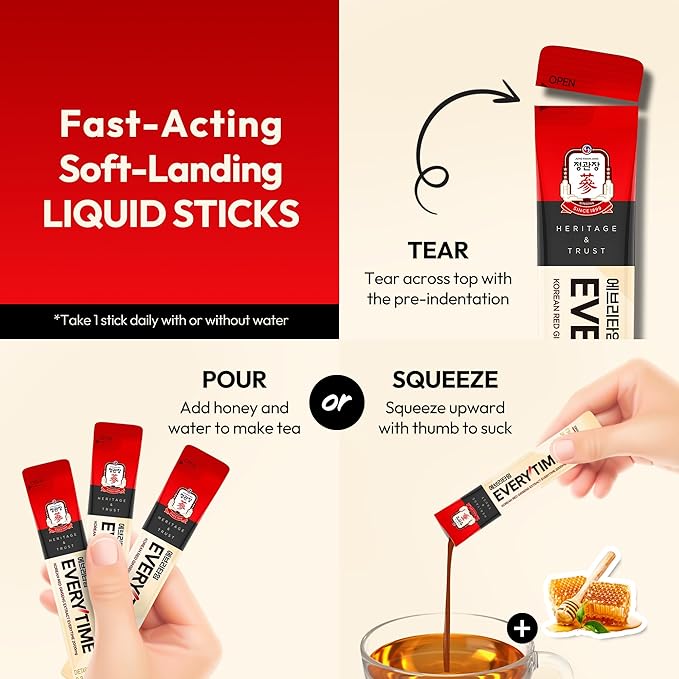 Everytime Korean Red Ginseng Extract 2,000mg - Adaptogen Energy Drink, Liquid Stick Supplements with Propolis - Energy Boost & Immune Support, Caffeine Free (30 Sticks, 0.34 fl oz)