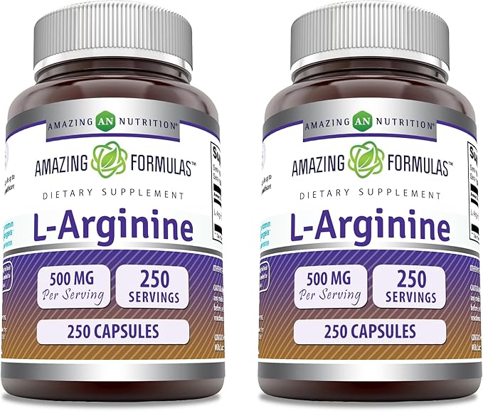Amazing Formulas L-Arginine Supplement | 500 Mg Per Serving | Capsules | Amino Acid Supplement for Men & Women | Non-GMO | Gluten Free | Made in USA (2 Pack | 250)