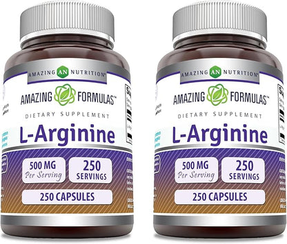 Amazing Formulas L-Arginine Supplement | 500 Mg Per Serving | Capsules | Amino Acid Supplement for Men & Women | Non-GMO | Gluten Free | Made in USA (2 Pack | 250)