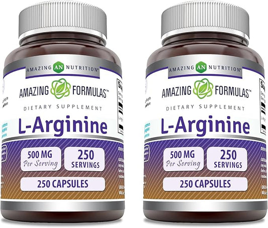 Amazing Formulas L-Arginine Supplement | 500 Mg Per Serving | Capsules | Amino Acid Supplement for Men & Women | Non-GMO | Gluten Free | Made in USA (2 Pack | 250)
