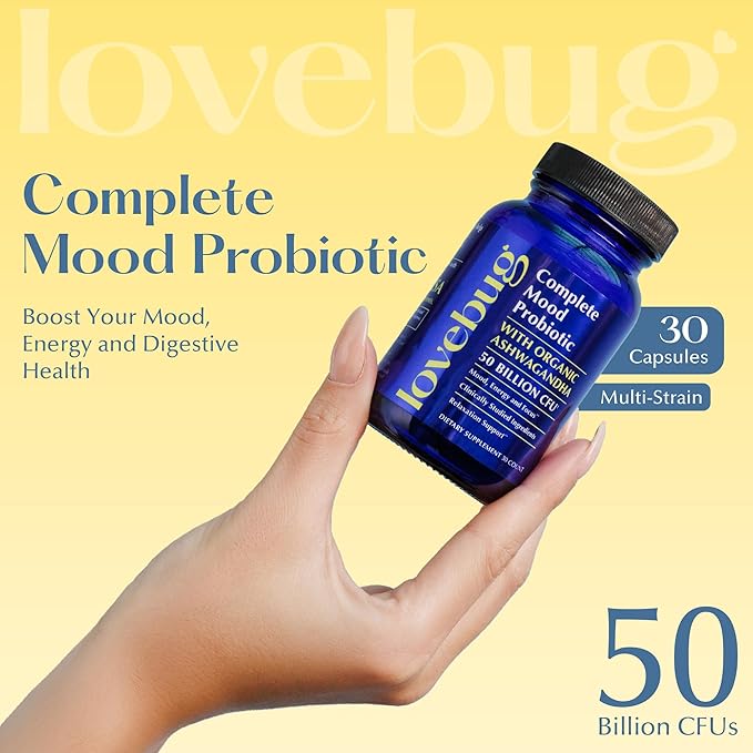 Lovebug Complete Mood Probiotic | Clinically Studied Probiotics & Patented Organic Ashwagandha for Cortisol & Serotonin Support | Supports Natural Energy | Adaptogenic Stress-Defense | 30 Count