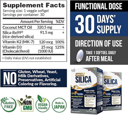 LABO Nutrition Bioactive Silica – For Hair, Skin, Nails, Collagen Formation, Joint & Bone Strength – Support Bone Health & Collagen Booster– 99% Purity Rice-Derived Silica Supplement, 30 Vegan Softgel