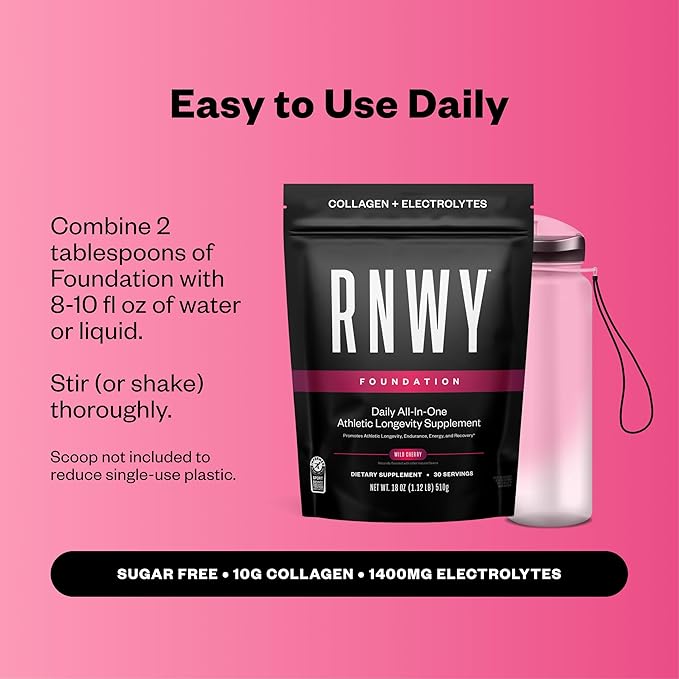 RNWY Foundation Collagen + Hydration Powder, Daily Joint Support with Electrolytes, Wild Cherry, 10g Collagen Peptides, 30 Servings
