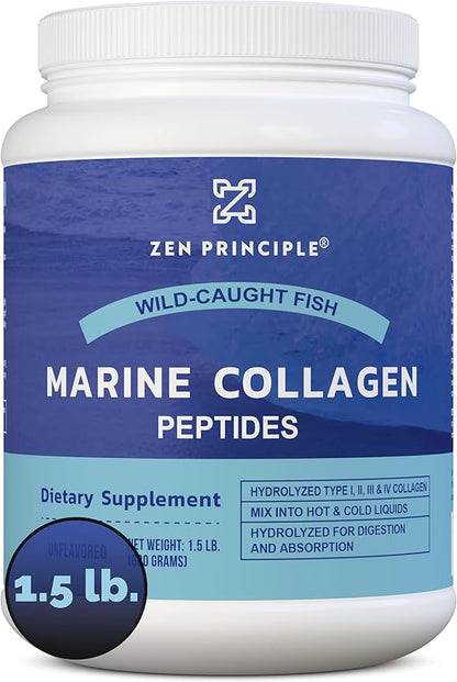Zen Principle Marine Collagen Peptides Powder 1.5 lb. Wild-Caught Fish, Non-GMO. Supports Healthy Skin, Hair, Joints and Bones.Hydrolyzed Type 1 & 3 Protein. Amino Acids.Unflavored, Easy to Mix.