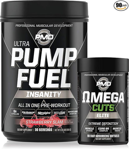 PMD Sports Ultra Pump Fuel Insanity - Pre Workout - Strawberry Slam (30 Servings) Sports Omega Cuts Elite Thermogenic Fat Burner (90 Softgels