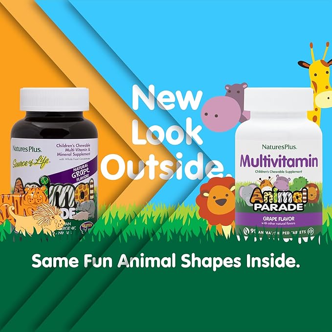 Natures Plus Animal Parade Children's Chewable Multivitamin - Grape Flavor - 90 Animal-Shaped Tablets - Promotes Health & Well-Being - Vegetarian, Gluten Free - 45 Servings