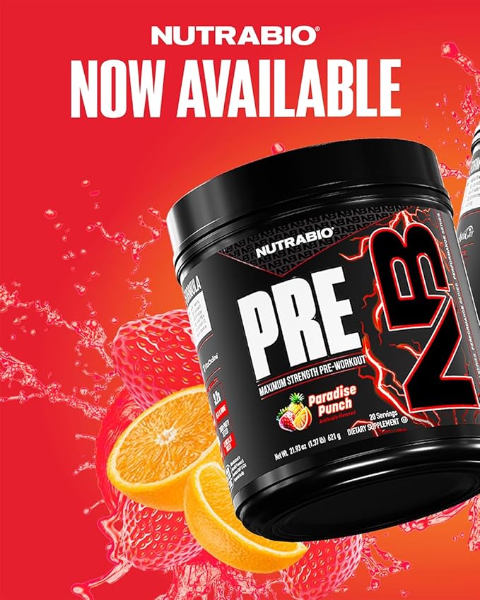 NutraBio PRE Workout Powder - New Formula- Sustained Energy, Mental Focus, Endurance - Beta Alanine, Caffeine, Electrolytes - 20 Servings - Paradise Punch