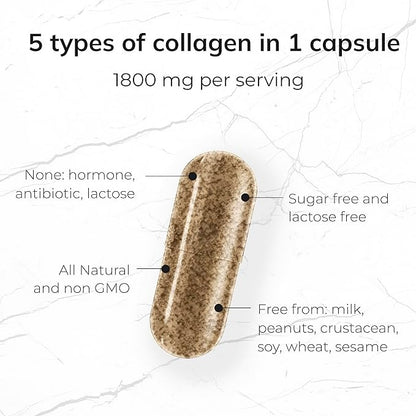 5-IN-1 Collagen Peptides 1800mg, 90 Capsules - Type I, II, III, V, X - Collagen Supplements Capsules for Women and Men - Hydrolyzed Protein, Healthy Hair, Skin, Nails and Joint support supplement