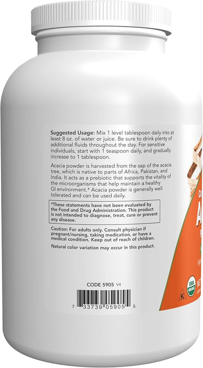 NOW Foods Supplements, Acacia Pure Powder, Certified Organic, Highly Soluble, Mixes Easily, Intestinal Health*, 12-Ounce
