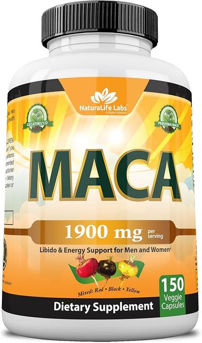 Organic Maca Root Black, Red, Yellow 1900 MG per Serving - 150 Vegan Capsules Peruvian Maca Root Gelatinized 100% Pure Non-GMO Supports Reproductive Health Natural Energizer