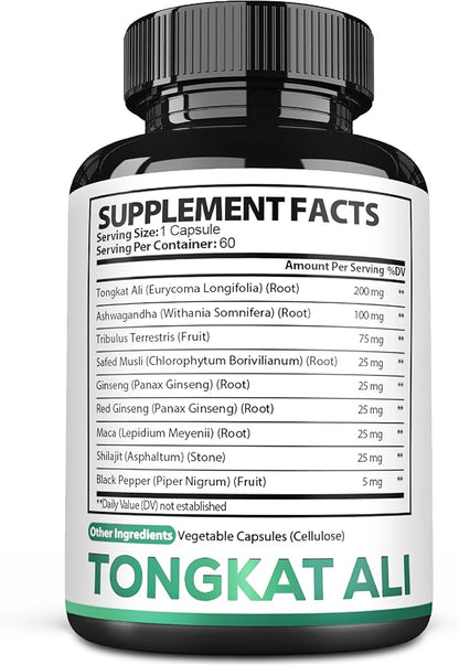 Satoomi Tongkat Ali Root Extract 200:1-9 Essential Herbs with Ashwagandha, Tribulus Terrestris & More - Support Strength, Energy and Healthy Immune - 60 Vegan Caps 2 Month Supply